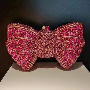 Fuchsia/Orange Bow Rhinestone Evening Bag Crystal Wedding Prom Clutches Diamond Women Bridal Party Handväskor Formella Minaudier 240125