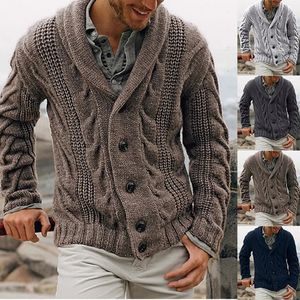 Herren-Winter-Strickjacke, einfarbig, Schalkragen, Knopfleiste, Zopfmuster, lässiger Mantel 240130