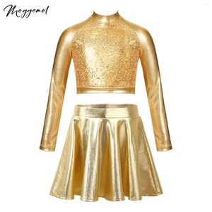 Stage Wear Kids Girls 2Pcs Latin Jazz Dance Costumes Shiny Sequins Modern Ballet Outfit Long Sleeve Crop Top Ruffle Skirted Shorts