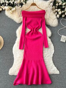 Casual Dresses Slash Neck Solid Sexy Pullover Kleid 2024 Frauen Meerjungfrau Langarm Maxi Herbst Streetwear Gestrickte Bodycon