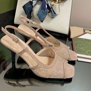 Fashion Open Toe Luxury Designer Sandals Women 7.5CM High Heel Casual Splicing Mesh Crystal Decorative Square Shoe with Ankle Strap Buckle Party Shoes