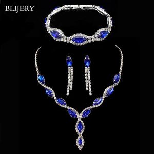 BLIJERY Elegantes Königsblaues Kristall-Hochzeitsschmuck-Set mit Strasssteinen, langer Quaste, Halskette, Ohrringe, Armband, Brautschmuck 240202