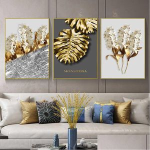 Obrazy Nowoczesne plakat złotego liścia Streszczenie luksusowe kwiat sztuki ściany płótna malarstwo nordyckie zdjęcia do dekoracji salonu d dhvyl