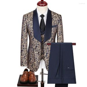 Ternos masculinos 2024 homens de alta qualidade (terno colete calças) britânico bonito cem vestido de casamento jacquard de alta densidade conjunto de três peças regular