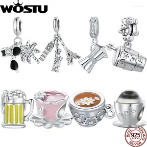 Gevşek değerli taşlar Wostu 925 Sterling Silve Çiçek Çay Fincanı Pembe Cazibe Emaye Millet Seyahat Tatil Eğlence Kolye Uygun Orijinal Bilezik Kadınlar DIY