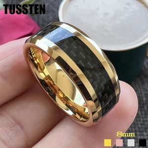 Anéis de casamento gota tussten 8mm preto anel de fibra de carbono clássico banda de tungstênio para homens mulheres brilhantes bordas chanfradas conforto ajuste