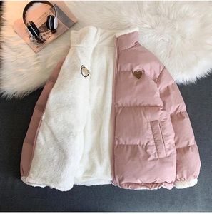 여자 트렌치 코트 자수 여자 파카스 재킷 코트 겨울 두꺼운 털이 많은 한국어 한국의 두 개의 측면 착용 패딩 암컷 양털 아웃웨어