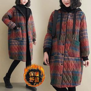 Women's Trench Coats Winter Clothing Hooded Padded Jacket Parka Korean Fashion Plus Size Plaid Mid-length Coat Keep Warm Loose Leisure