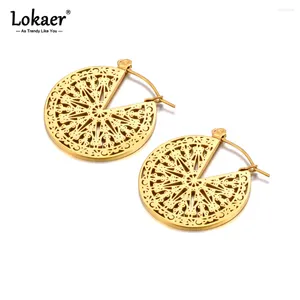 Hoop Earrings Lokaer Vintage Round Hollow Geometric Chunky Gold Color Stainless Steel Texture Ethnic Jewelry For Women E23205