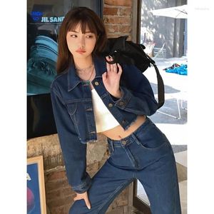 Women's Two Piece Pants Xgoth Chic Women Jeans Sets High Waist Short Denim Jacket Tops Dark Blue Wide Leg Straight Jean Korean Fashion