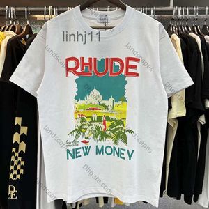 Mens Tshirts Rhude Tshirt Castle Coconut Tree Windowsill Scenic Casual Loose Hatehable Kort ärmskjorta Män Kvinnor Par Topp Tee 230816VBBBBBBBS