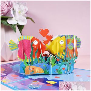 Поздравительные открытки 3D Валентинка Поздравительная открытка Всплывающая поцелованная рыба в форме свадьбы с конвертом Фестивальные принадлежности Прямая доставка на дом G Dho6S