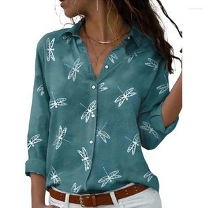 Camicette da donna Camicia cardigan monopetto con stampa libellula di grandi dimensioni Comoda maglietta casual da pendolare Camicetta con risvolto slim fit femminile