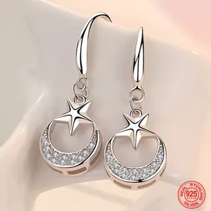Orecchini posteriori in argento sterling 925 con stella e luna pendenti per accessori di gioielli per feste di moda da donna