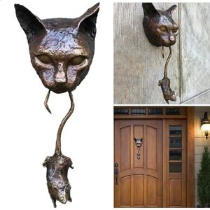 Decoração gato mouse porta aldrava parede resina marrom ferro fundido repelente de insetos mouse estátua de metal jardim ao ar livre artesanato decorativo 240130