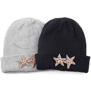 Berets Men Women Cashmere Knitted Beanie Hat With 2 Diamonds Stars Rhinestone Accessories Warm Sklies Beanies Plover Cuff Cap Drop De Dhyo6