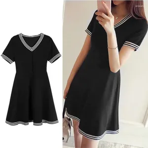 Casual Dresses Korean Mini Dress Women's Fashion And Sexy V-neck Short Sleeved A-line Black Summer Vestidos