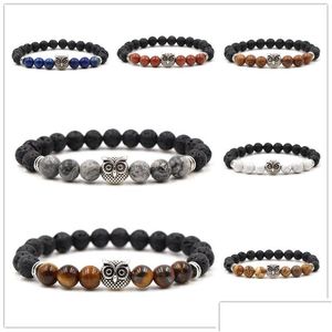 Perline di pietra lavica nera naturale perline Bracciale con ciondolo gufo Diffusore di olio essenziale Roccia vulcanica Drop Delivery Braccialetti gioielli Otst9