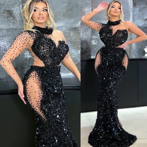 ASO EBI 2024 Schwarzer Meerjungfrau Prom Kleider Perlen Pailletten High Split Evening Formal Party Zweiter Empfangsgeburtstag Verlobungskleider Kleider Robe de Soiree ZJ92 Es