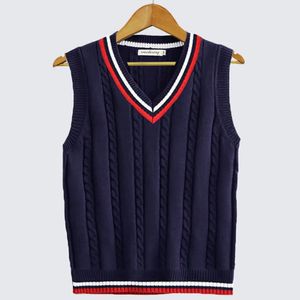 Spring Autumn Men Uniform Vest Fashion V Neck Pullover Boys British Student Sleeveless Waistcoat Tank Tops Sweaters 240202
