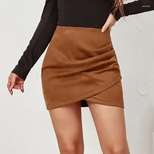Skirts Autumn Winter Suede Solid Color Women's Asymmetric Fold Fashion Slim