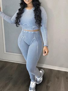 Women's Two Piece Pants LW Rib Knit Skinny Set Plain Stitch Pieces Trousers Suits Long Sleeve Bare Waist Crew Neck Top & High Leggings