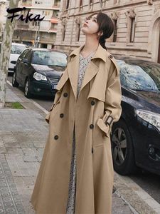 Damen Trenchcoats Vintage V-Ausschnitt Zweireiher Windjacke Frauen 2024 Casual Einfarbig Slim Fit Langer Mantel Elegant Für