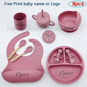 9Pcs Baby Silicone Feeding Sets Suction Cup Bowl Dishes Kids Spoon Fork Snack Personalized Name Babys Tableware 240131