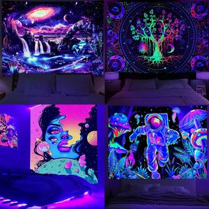 Blacklight Tapestry Skull Halloween UV Reactive Neon Tapelestries Bakgrund Väggkonst för sovrum vardagsrum 240127