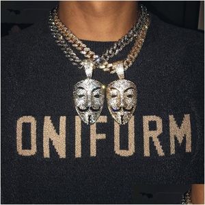 Pendant Necklaces Fashion Miami Cuban Link Crystal Necklace Iced Out Anonymous Hacker Mask Cubic Zircon Hip Hop Jewelry For Men Drop Dhpq8