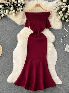 Party Dresses Slash Neck Solid Sexy Sweater Dress 2024 Women Mermaid Long Sleeve Maxi Autumn Streetwear Knitted Bodycon