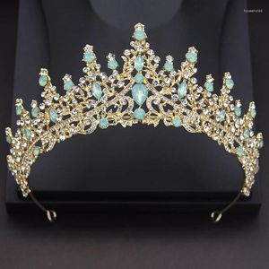 Saç klipsleri lüks prenses kraliçe düğün taç yeşil rhinestone kristal gelin tiaras balo mücevher gelin baş aksesuarları