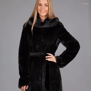 Damen-Mantel aus Pelzimitat, Nerz, mittellang, schwarzer Gürtel, warm