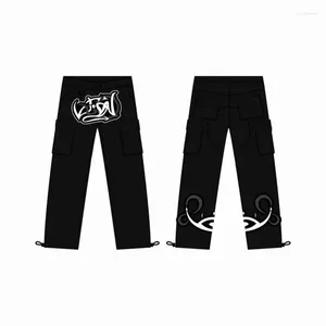 Calças masculinas y2k retro hip hop homem americano maré preto carta impressão scrawl macacão solto roupas casuais casal