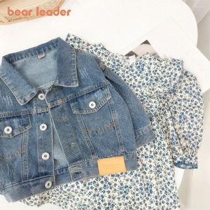 Conjuntos de roupas Urso Líder Meninas Conjunto 2024 Outono Denim Jaqueta Ruffled Floral Imprimir Vestido 2 Peças Moda Infantil Kids'