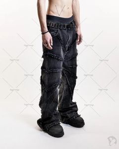 Мужские джинсы большого размера Y2K в стиле панк, черные, американские, уличные, в стиле ретро, с высокой талией, прямые широкие брюки с необработанными краями, 240130