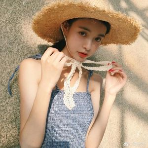 Breda brimhattar 2024 Straw Hat Summer Sweet Vacation Beach Handmade slips Lei Silk Ribbon Sunshade Big EAF For Women YC139