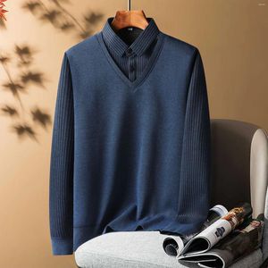 Polo da uomo Bussiness Polo da uomo lavorata a maglia manica lunga bavero maglione camicia a righe inverno caldo pile pullover abbigliamento casual top