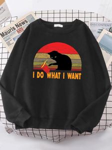 Kadın Hoodies Kadın Sweatshirt I What What What What What What Serin Kara Kedi Baskı Kadın Büyük Boyan Komik Grafik Uzun Kollu Yuvarlak Boyun Gevşek Giysiler