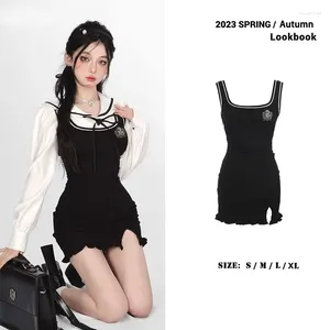Sukienki robocze sukienki Preppy Style Kawaii Black Mini Women Koreański mundur 2024 Autumn Dwuczęściowe zestawy