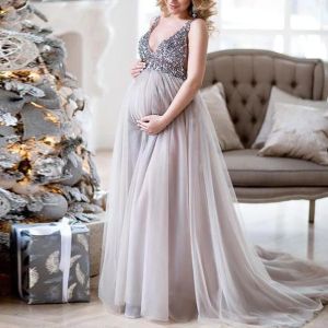 Klänningar eleganta moderskapsklänningar för fotografering sexig v nacke sling paljett graviditet fotografering klänning gravida kvinnor parti lång klänning