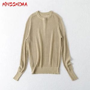 T-shirt da donna MNCCMOAA 2024 Estate Donna Moda manica lunga girocollo T-shirt femminile tinta unita casual allentato Tee Tops