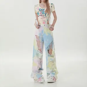 女子ジーンズスパイシーガールズ女性Y2Kホールグラジエントコントラスト洗える夏のストリートファッションヒップホップデザインセンスカジュアルワイドレッグパンツ