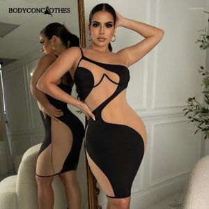 Casual Dresses Bodyconclothes Women's Summer Woman 2024 Mesh Dress One Shoulder Clothes Irregular Stitching Black Mini Skirt