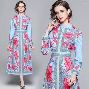 Casual Dresses Spring Summer Fall Blue Vintage Floral Print O-Neck Long Sleeve Women Ladies Party Demure Temperament Panelled Tunic Midi