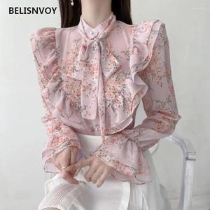 Blusas femininas flores doces camisas sólidas botão único botão bonito laço feminino estilo coreano babados elegante chique rosa topos blusas