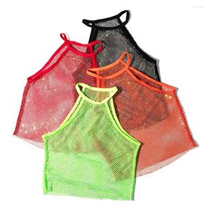 Women's Tanks Leqoel Flash Drill Elastic Small Mesh Sexy Top Vest Fluorescent Green Tank Fishnet Slim Fit Cropped For Women