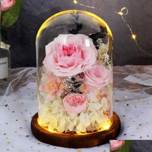 Dekorativa blommor kransar Valentine Mother Day Wedding Party Gift Preserved Rose Immortal Flowers in Glass Dome With Lamp Home Deco DHKPS