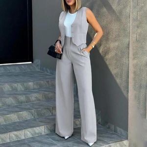 Pantaloni da donna a due pezzi Tuta da donna Elegante set da donna ampio con gilet senza maniche tinta unita a vita alta gamba larga per donna