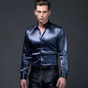 Mens Satin Silk Dress Shirt Long Sleeve Slim Business Formal Casual Tops Classic 240122